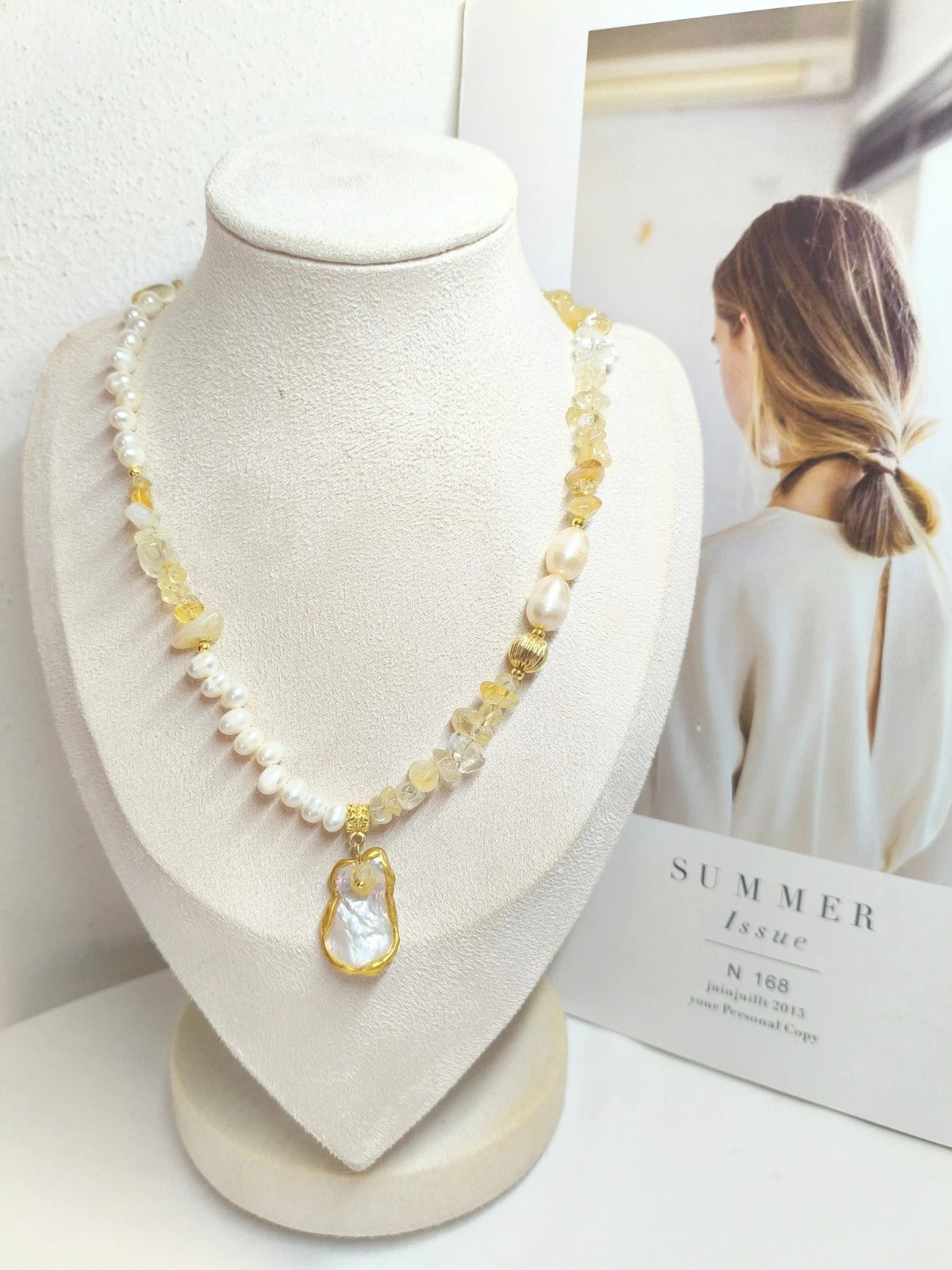 Natural Freshwater Pearl Citrine Chip Bead Necklace, Irregular Baroque Shell Pendant 14K Gold Plated Adjustable Chain Boho Jewelry for Women
