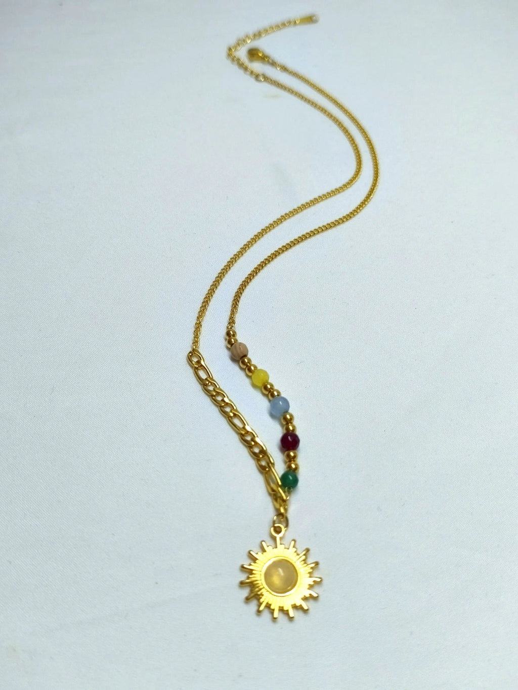 Stainless Steel Chakra Sun Pendant Necklace with Colorful Natural Stone Beads, Gold Plated