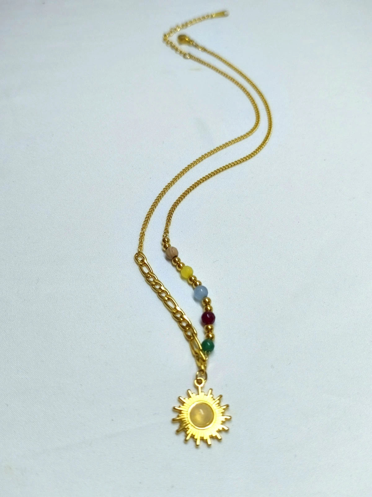 Stainless Steel Chakra Sun Pendant Necklace with Colorful Natural Stone Beads, Gold Plated