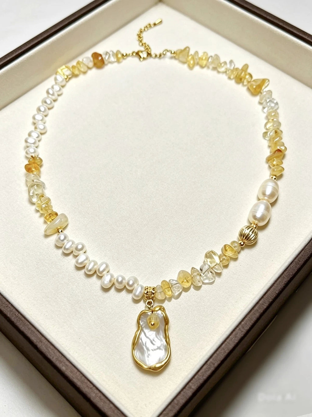 Natural Freshwater Pearl Citrine Chip Bead Necklace, Irregular Baroque Shell Pendant 14K Gold Plated Adjustable Chain Boho Jewelry for Women