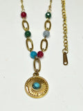 Stainless Steel Sun Pendant Necklace with Colorful Natural Stone Beads, Gold Plated Boho Choker