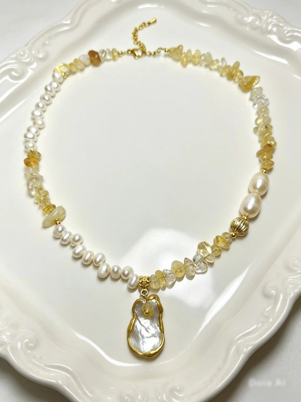 Natural Freshwater Pearl Citrine Chip Bead Necklace, Irregular Baroque Shell Pendant 14K Gold Plated Adjustable Chain Boho Jewelry for Women