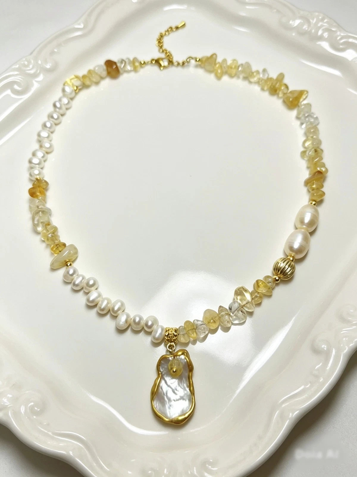 Natural Freshwater Pearl Citrine Chip Bead Necklace, Irregular Baroque Shell Pendant 14K Gold Plated Adjustable Chain Boho Jewelry for Women