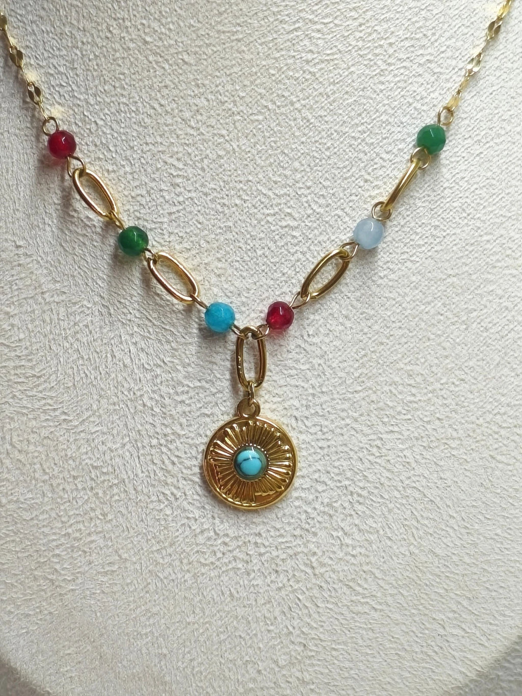 Stainless Steel Sun Pendant Necklace with Colorful Natural Stone Beads, Gold Plated Boho Choker