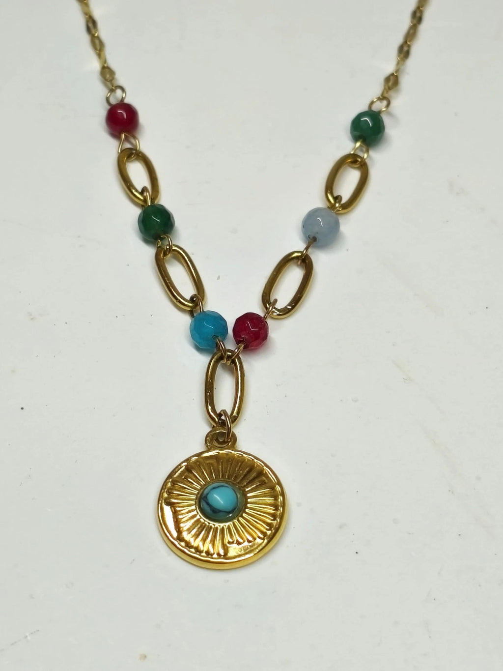 Stainless Steel Sun Pendant Necklace with Colorful Natural Stone Beads, Gold Plated Boho Choker