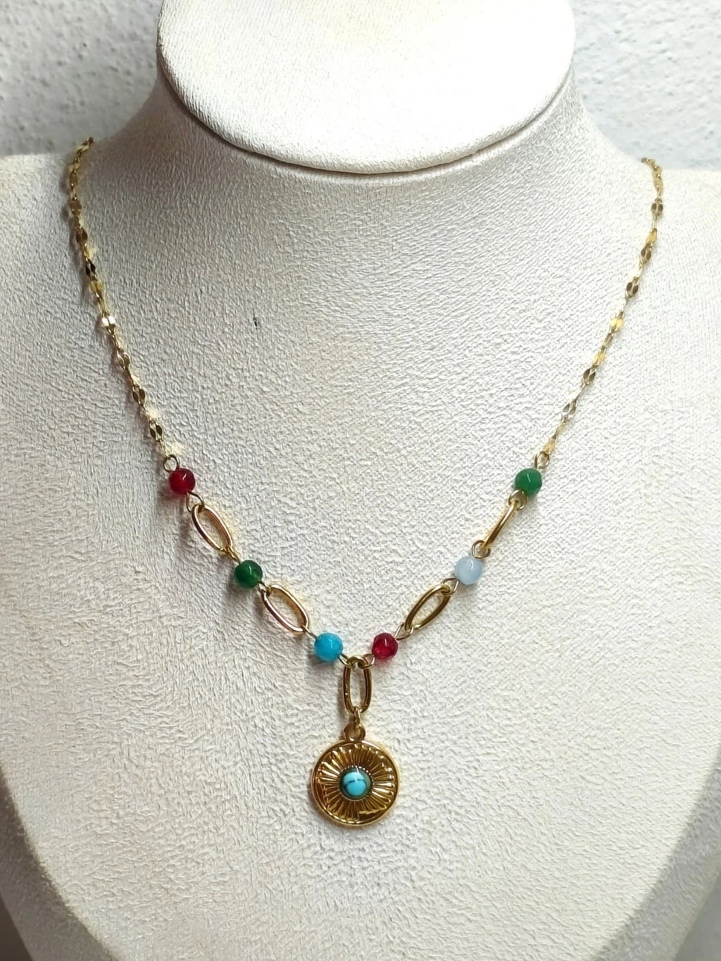 Stainless Steel Sun Pendant Necklace with Colorful Natural Stone Beads, Gold Plated Boho Choker