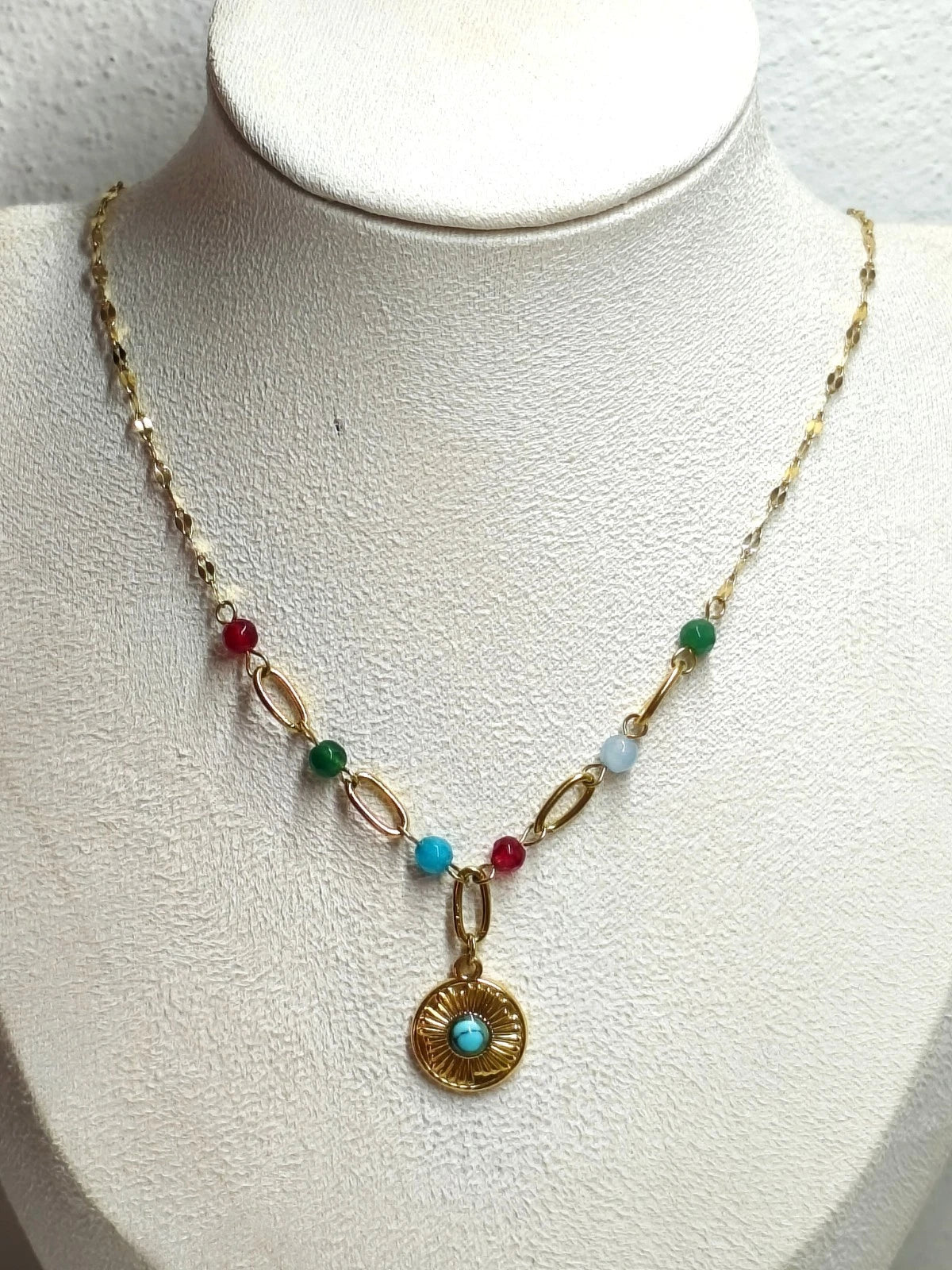 Stainless Steel Sun Pendant Necklace with Colorful Natural Stone Beads, Gold Plated Boho Choker