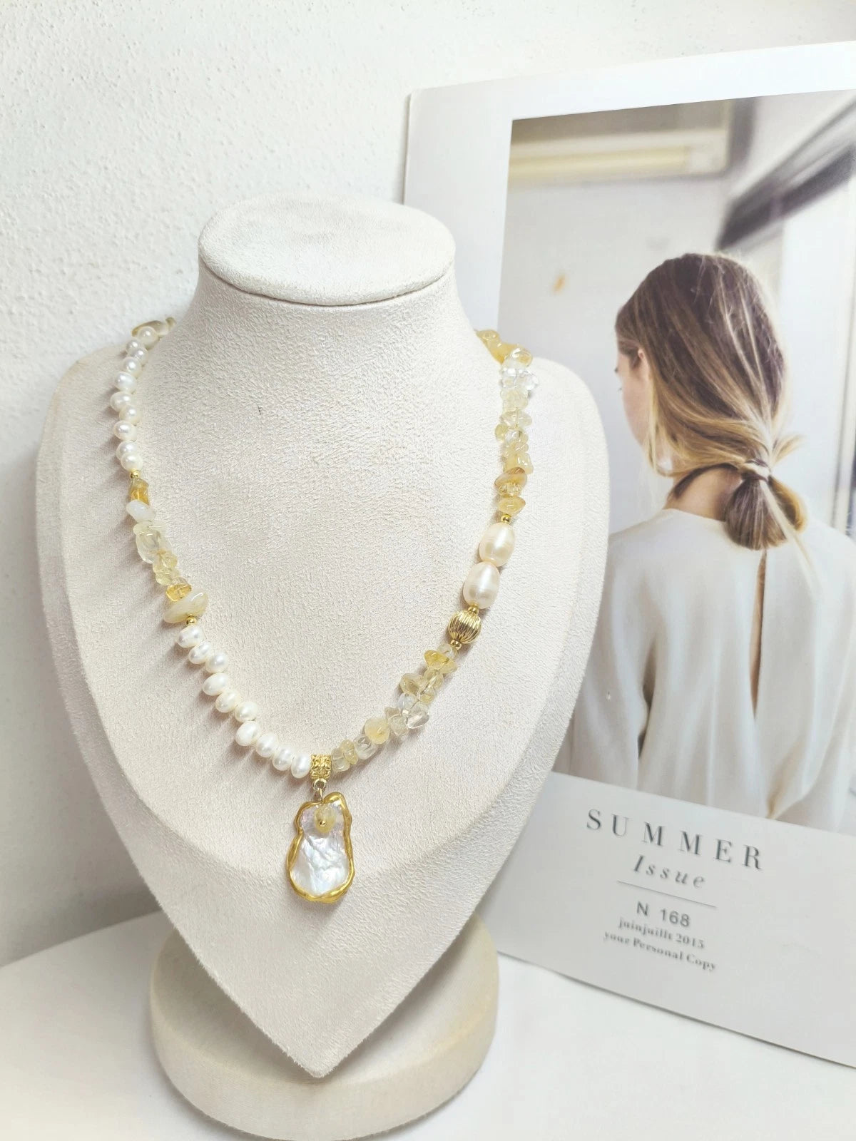 Natural Freshwater Pearl Citrine Chip Bead Necklace, Irregular Baroque Shell Pendant 14K Gold Plated Adjustable Chain Boho Jewelry for Women