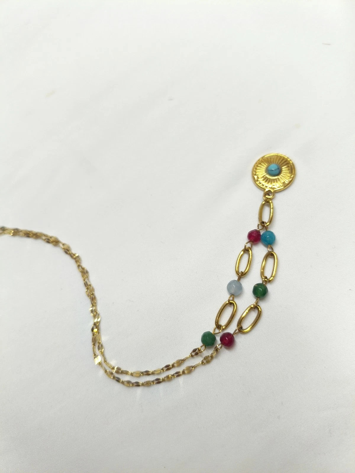 Stainless Steel Sun Pendant Necklace with Colorful Natural Stone Beads, Gold Plated Boho Choker
