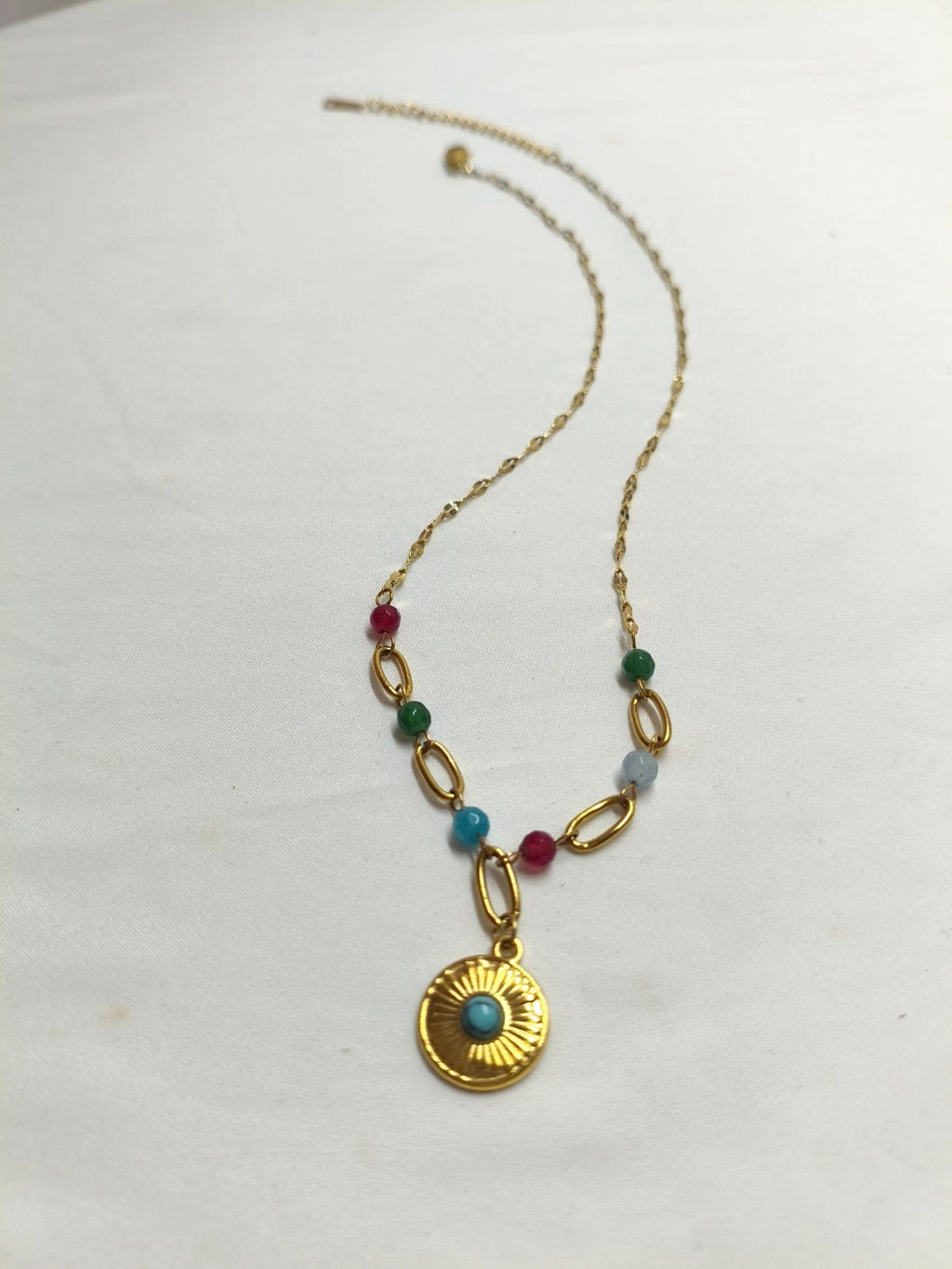 Stainless Steel Sun Pendant Necklace with Colorful Natural Stone Beads, Gold Plated Boho Choker