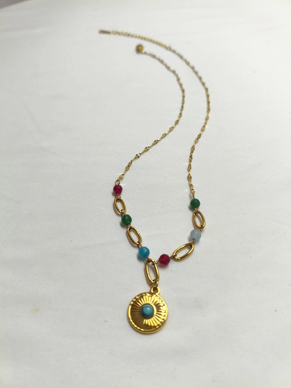 Stainless Steel Sun Pendant Necklace with Colorful Natural Stone Beads, Gold Plated Boho Choker