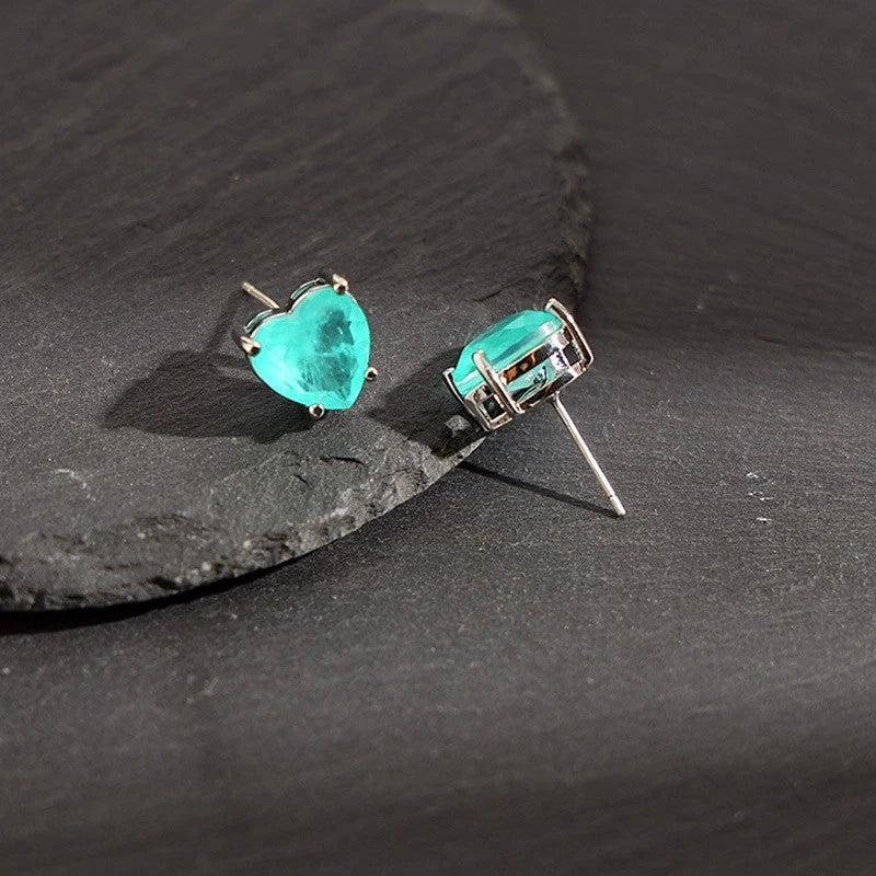 Heart Paraiba Tourmaline Gem Jewelry Set S925 Silver Stud Earrings Titanium Steel Necklace Anti Allergy