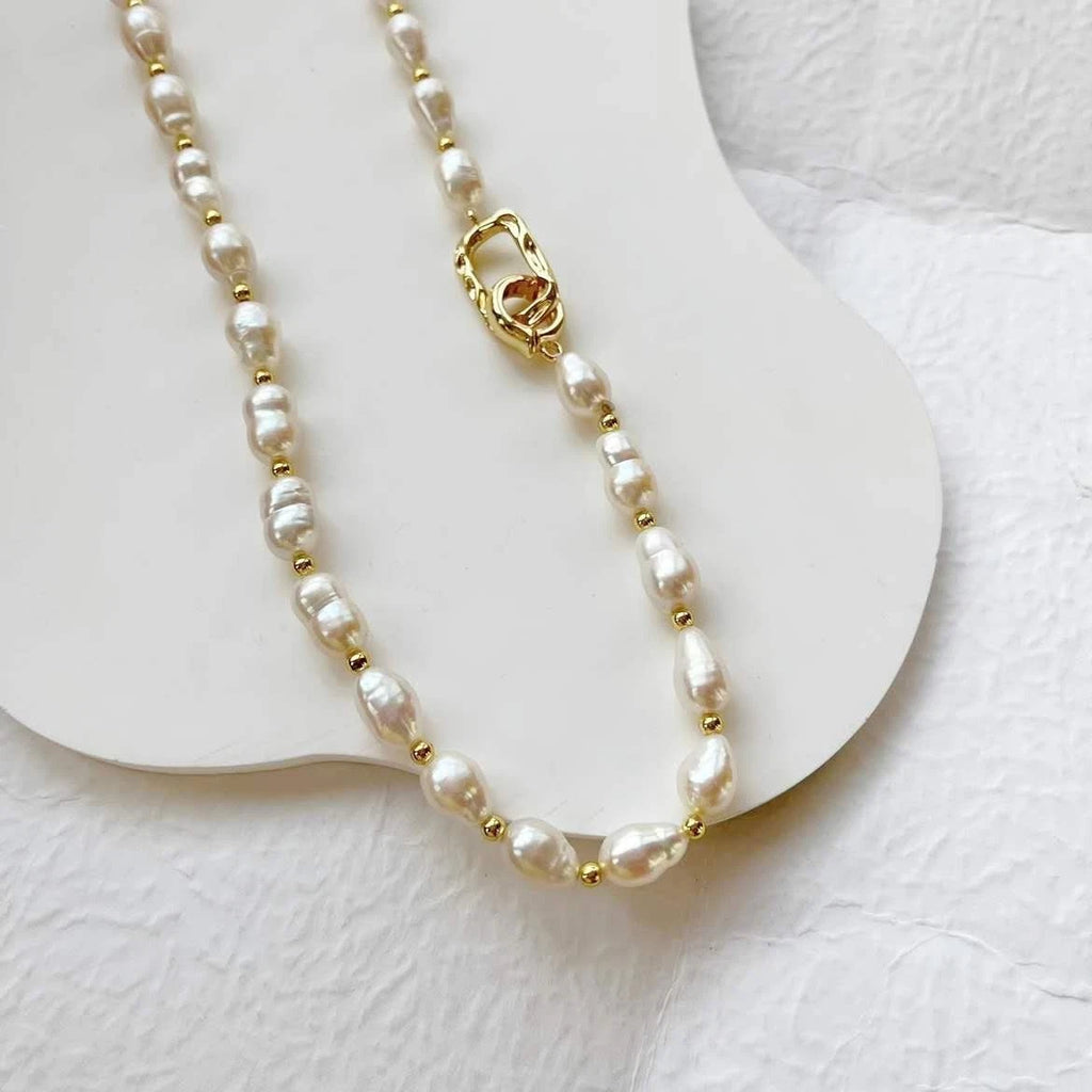 18K Gold Plated Natural Freshwater Rice Pearl Necklace, Minimalist Oval Pearl Chain with Geometric Paperclip Clasp, Elegant Women Everyday Jewelry