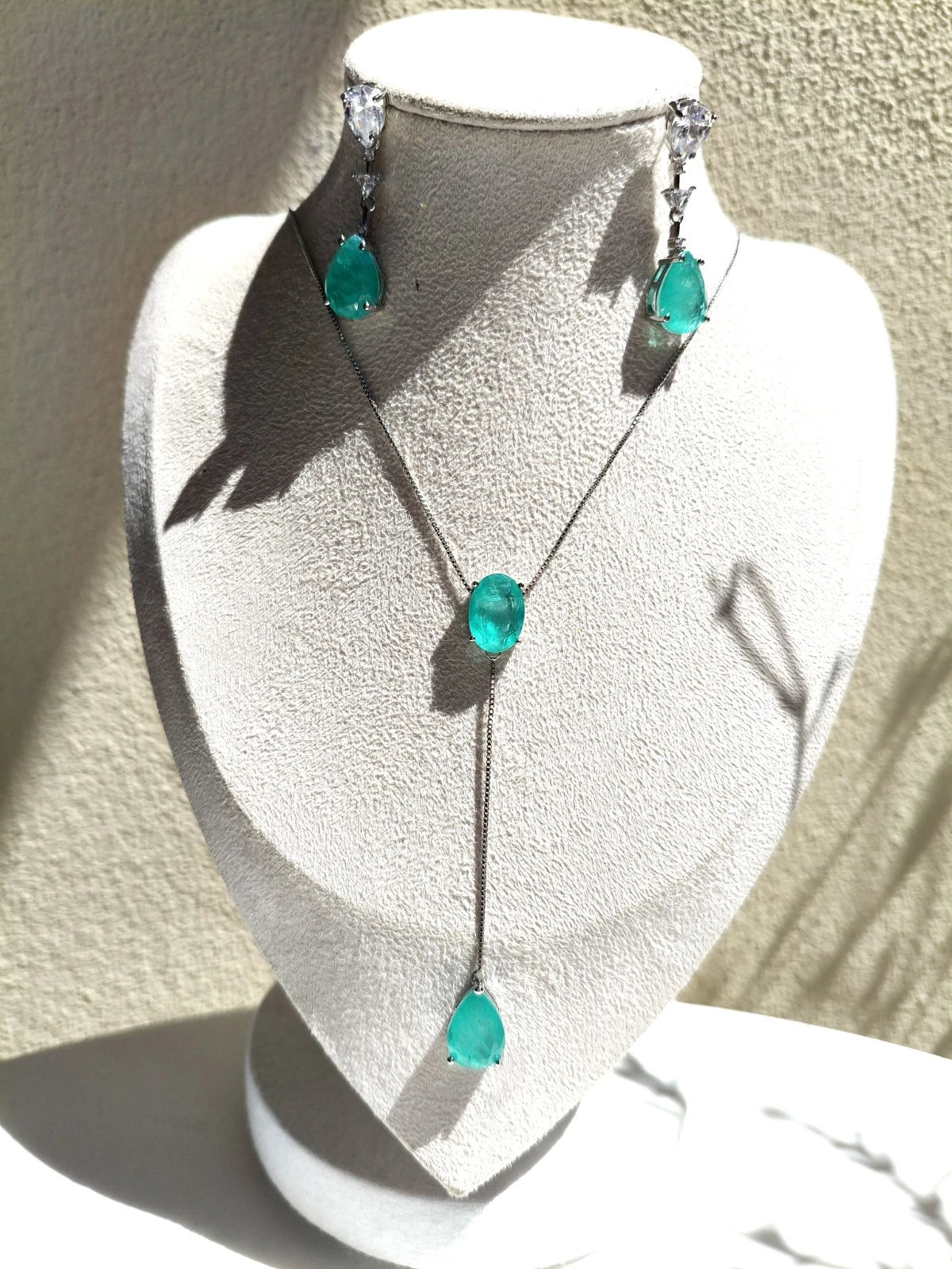 Paraiba Tourmaline Simulated Jewelry Set: Lariat Necklace & Drop Earrings, Hypoallergenic