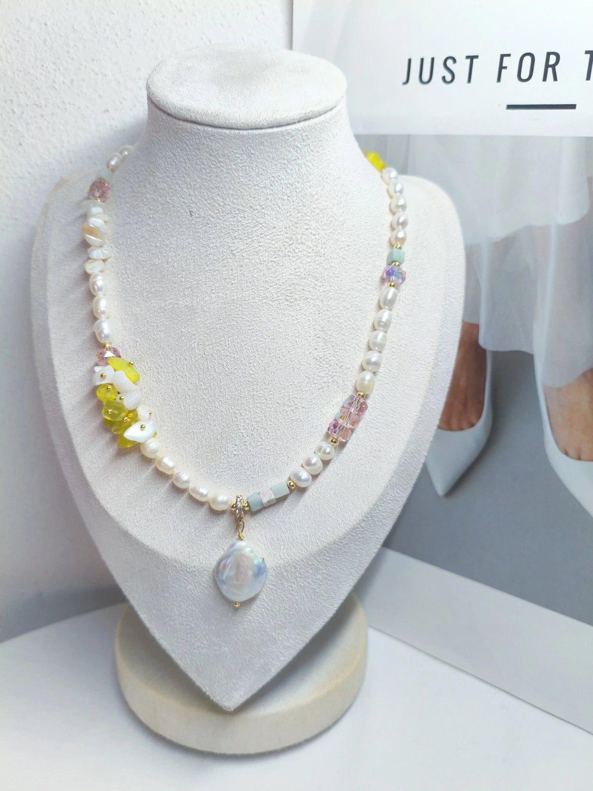 Handmade Baroque Freshwater Pearl Mixed Natural Stone Beaded Necklace, Irregular Keshi Pearl Shell Pendant Adjustable Gold Chain Boho Summer Jewelry