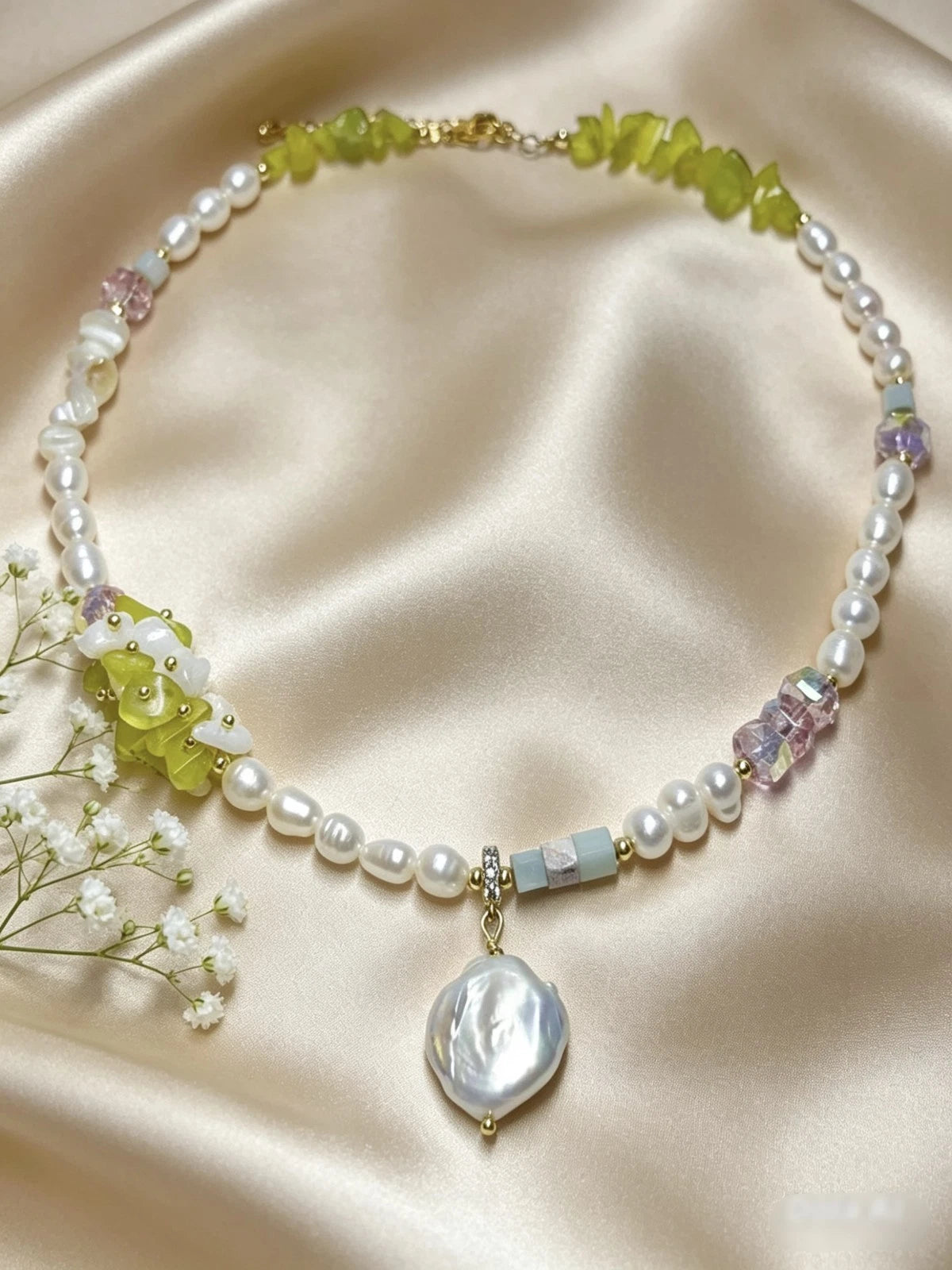 Handmade Baroque Freshwater Pearl Mixed Natural Stone Beaded Necklace, Irregular Keshi Pearl Shell Pendant Adjustable Gold Chain Boho Summer Jewelry