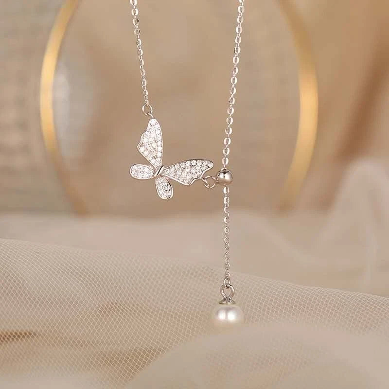Collier tendance en argent 925 avec pendentif papillon et perle