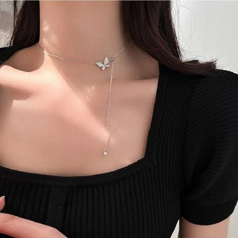 Collier tendance en argent 925 avec pendentif papillon et perle