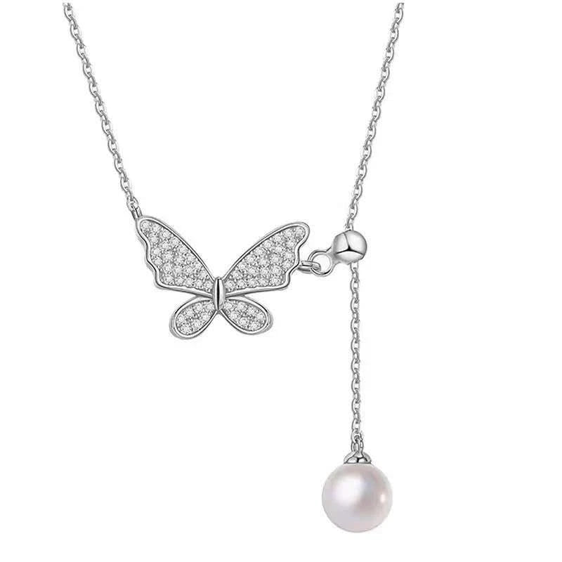 Collier tendance en argent 925 avec pendentif papillon et perle