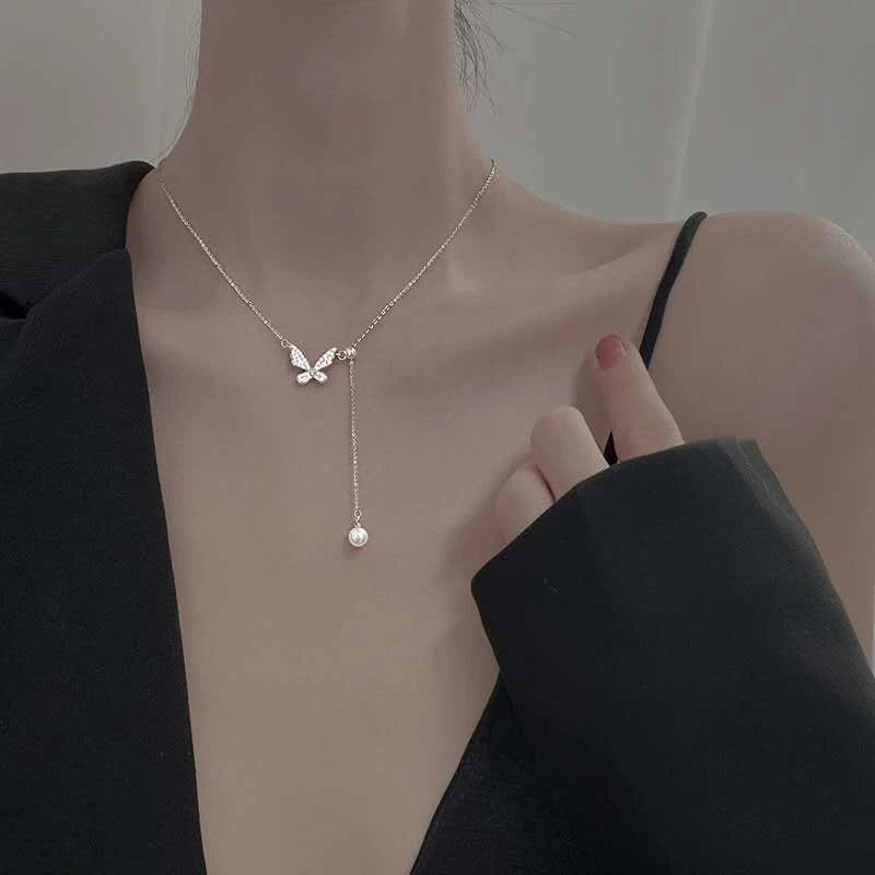 Collier tendance en argent 925 avec pendentif papillon et perle
