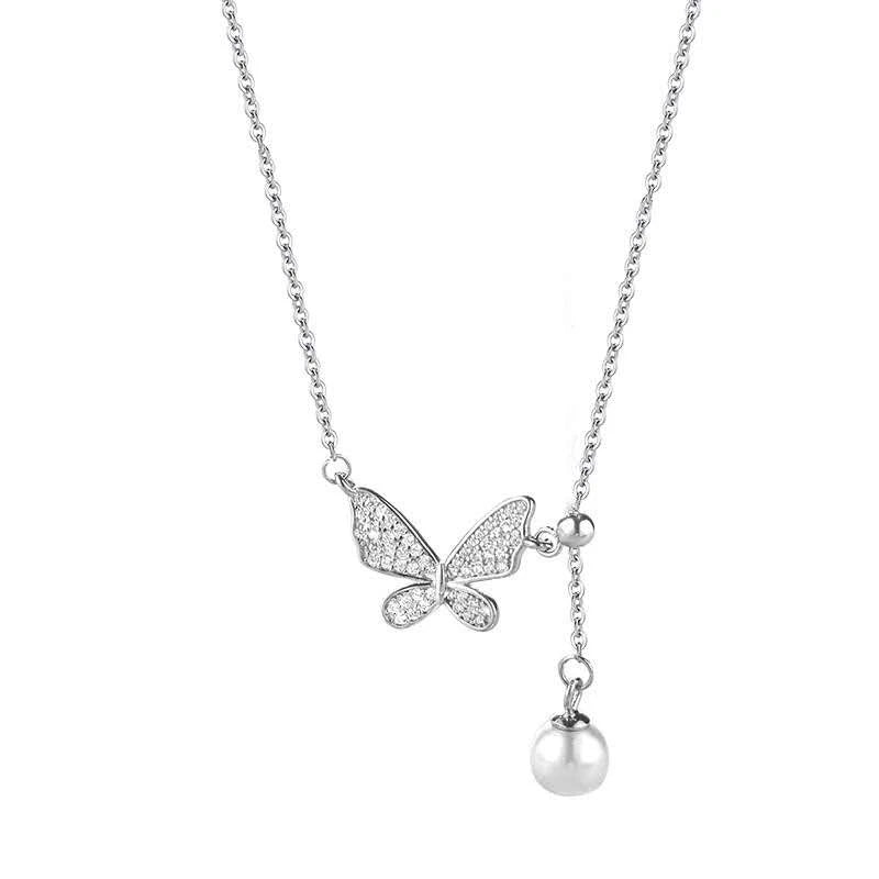 Collier tendance en argent 925 avec pendentif papillon et perle