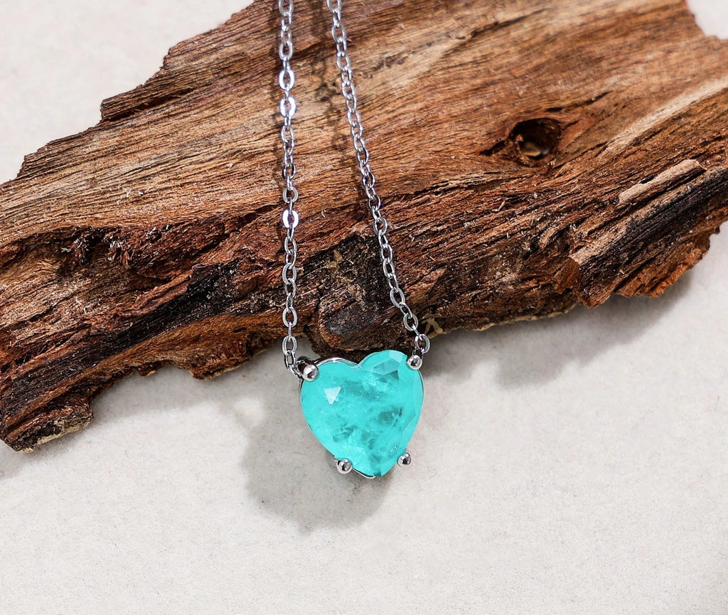 Heart Paraiba Tourmaline Gem Jewelry Set S925 Silver Stud Earrings Titanium Steel Necklace Anti Allergy