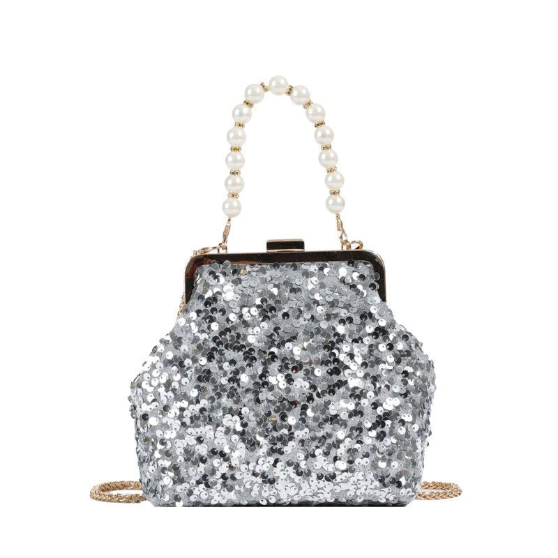 Silver Sequin Evening Clutch Bag with Pearl Handle & Detachable Gold Chain Crossbody Purse 标题 2（长尾精准）