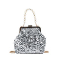Silver Sequin Evening Clutch Bag with Pearl Handle & Detachable Gold Chain Crossbody Purse 标题 2（长尾精准）
