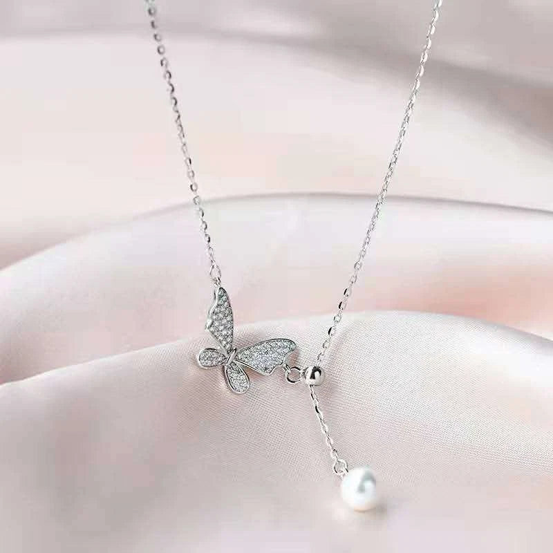 Collier tendance en argent 925 avec pendentif papillon et perle