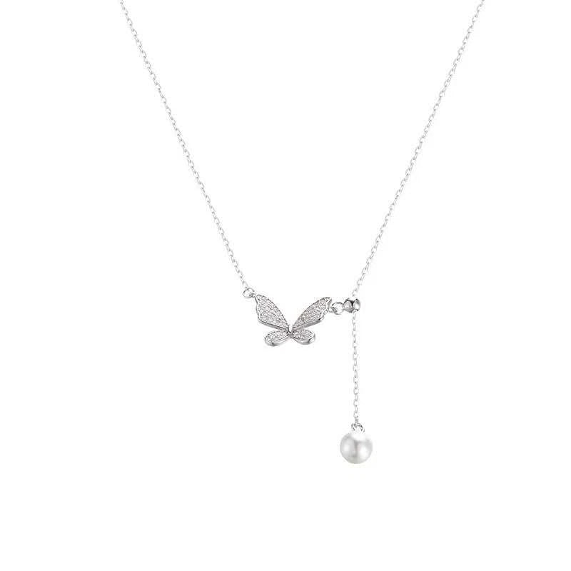 Collier tendance en argent 925 avec pendentif papillon et perle