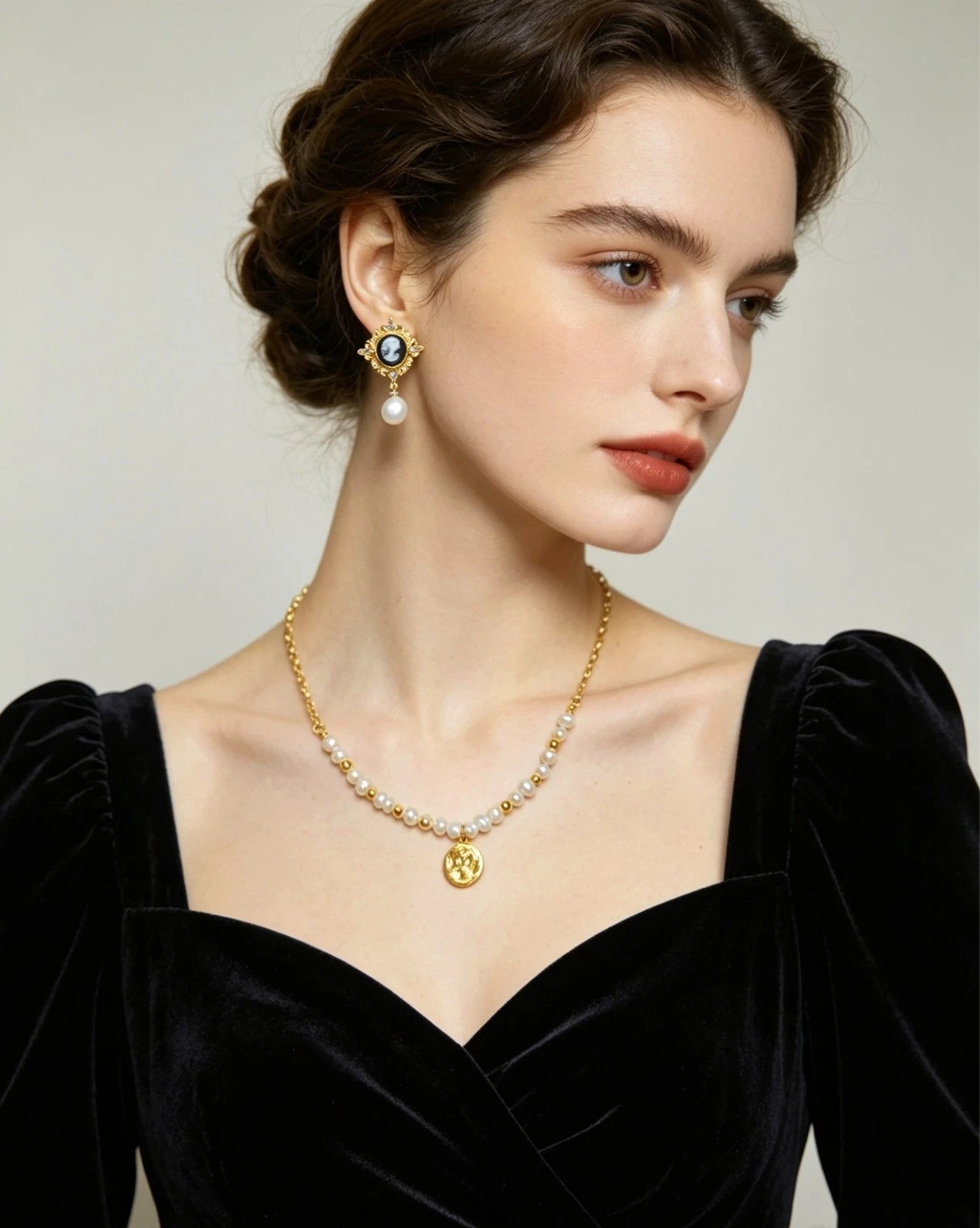 Vintage Cameo Portrait Pearl Jewelry Set, 14K Gold Plated Hypoallergenic Freshwater Pearl Necklace Dangle Earrings Women Formal Jewelry