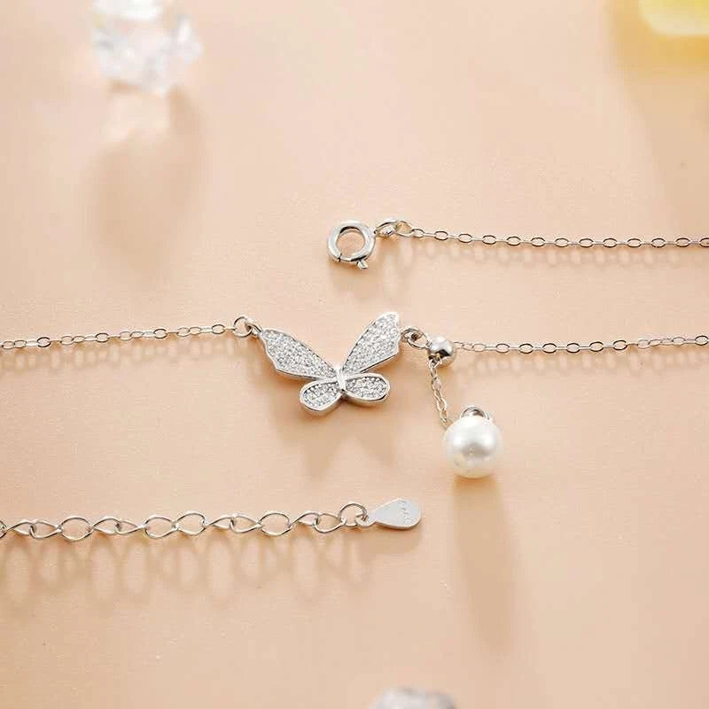 Collier tendance en argent 925 avec pendentif papillon et perle