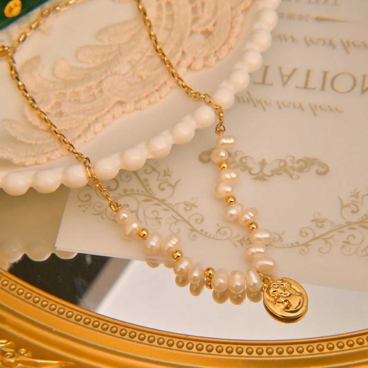 Vintage Cameo Portrait Pearl Jewelry Set, 14K Gold Plated Hypoallergenic Freshwater Pearl Necklace Dangle Earrings Women Formal Jewelry