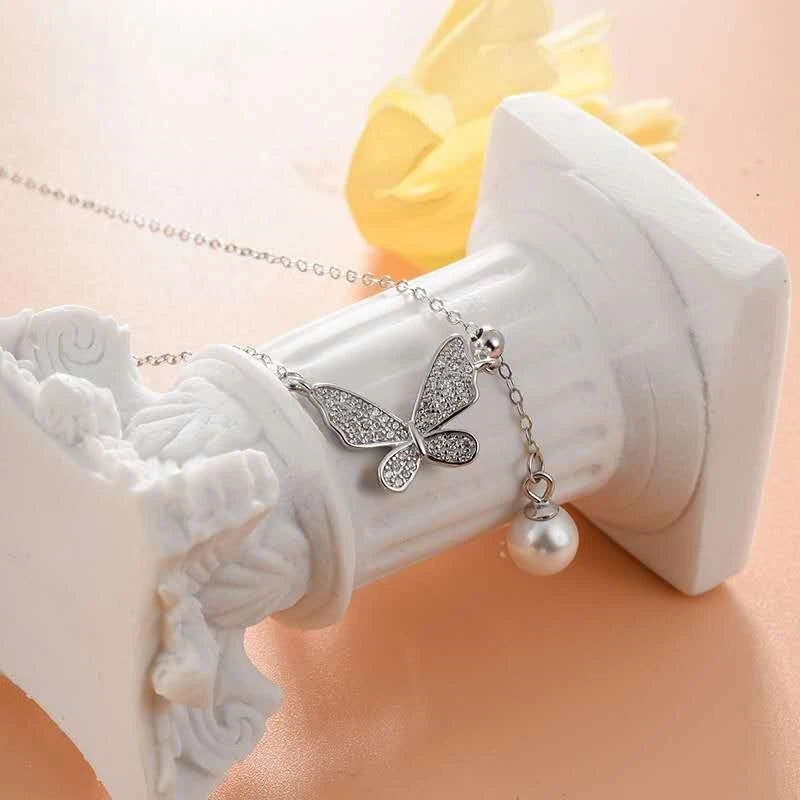 Collier tendance en argent 925 avec pendentif papillon et perle