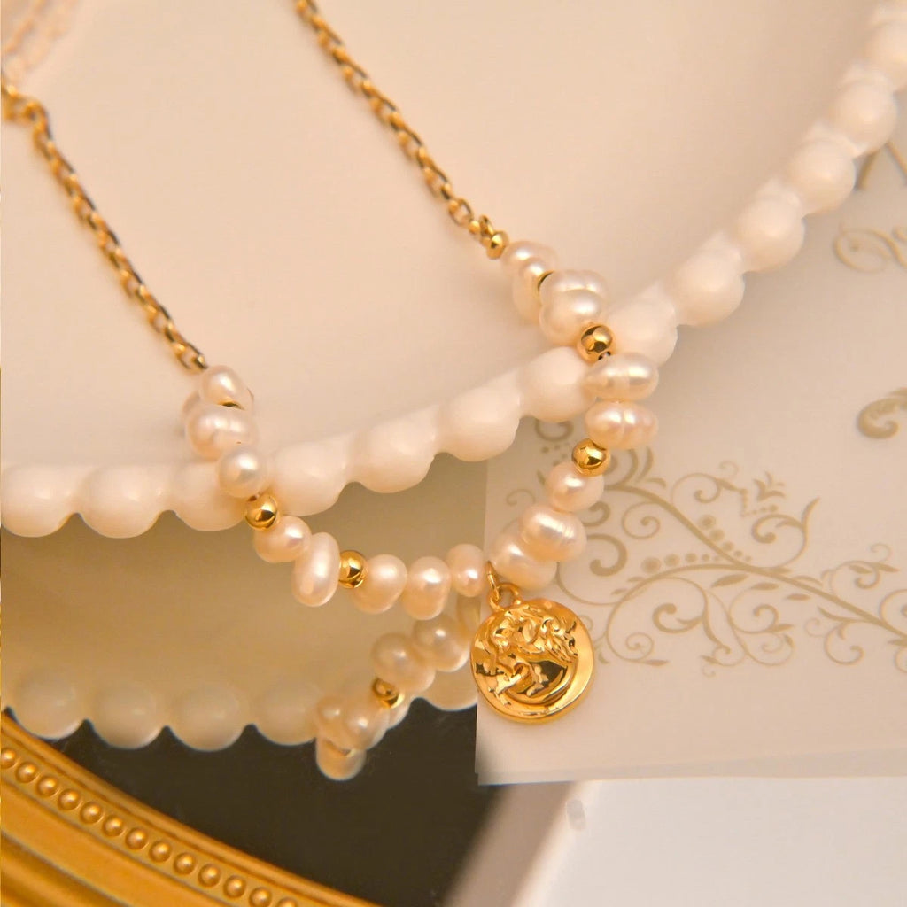 Vintage Cameo Portrait Pearl Jewelry Set, 14K Gold Plated Hypoallergenic Freshwater Pearl Necklace Dangle Earrings Women Formal Jewelry