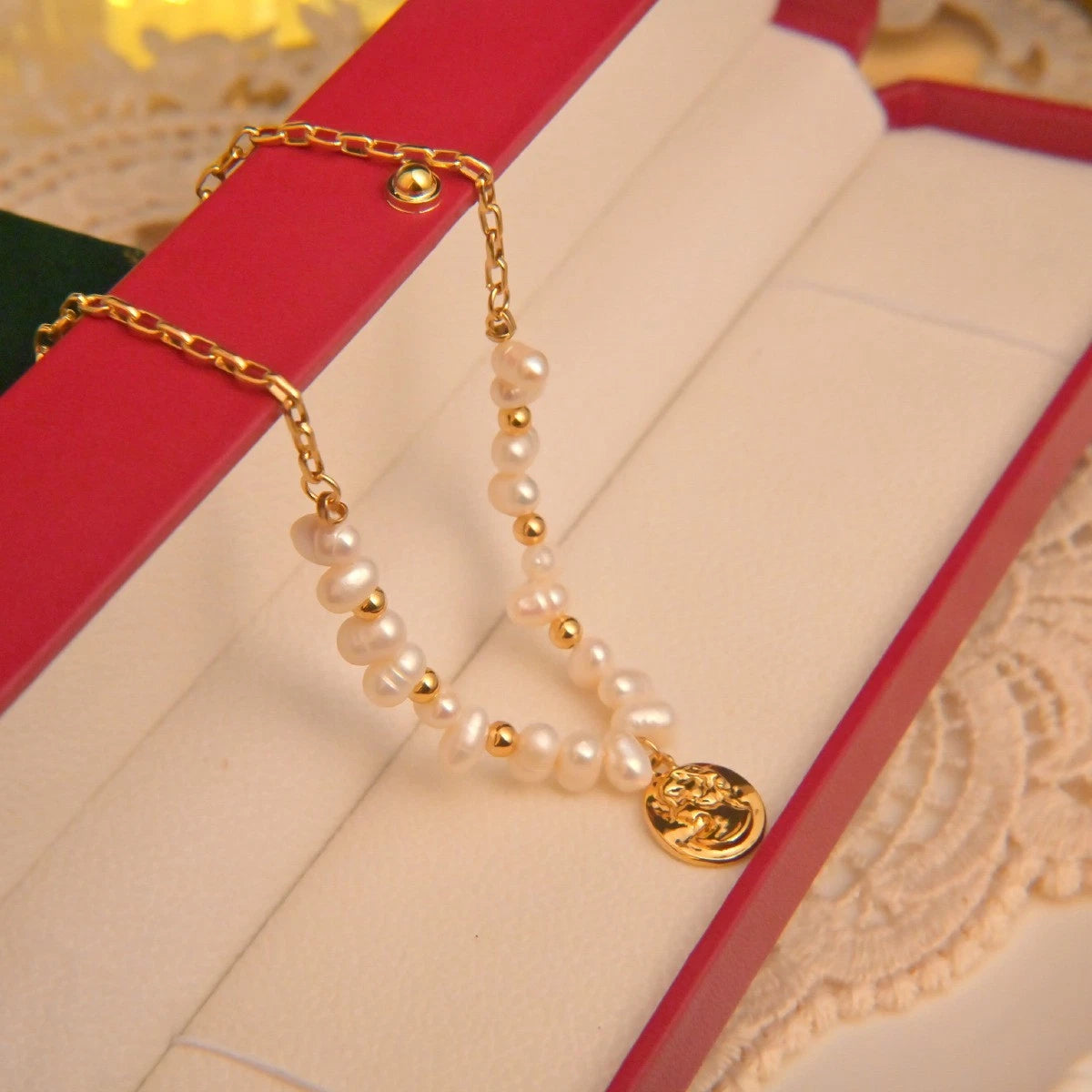Vintage Cameo Portrait Pearl Jewelry Set, 14K Gold Plated Hypoallergenic Freshwater Pearl Necklace Dangle Earrings Women Formal Jewelry