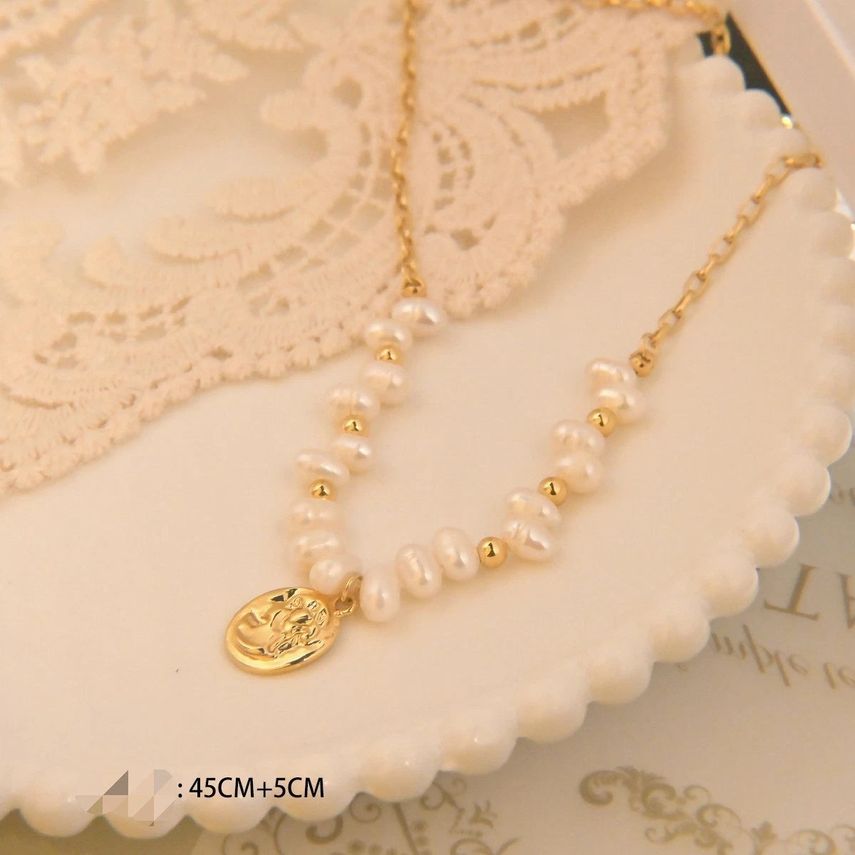 Vintage Cameo Portrait Pearl Jewelry Set, 14K Gold Plated Hypoallergenic Freshwater Pearl Necklace Dangle Earrings Women Formal Jewelry