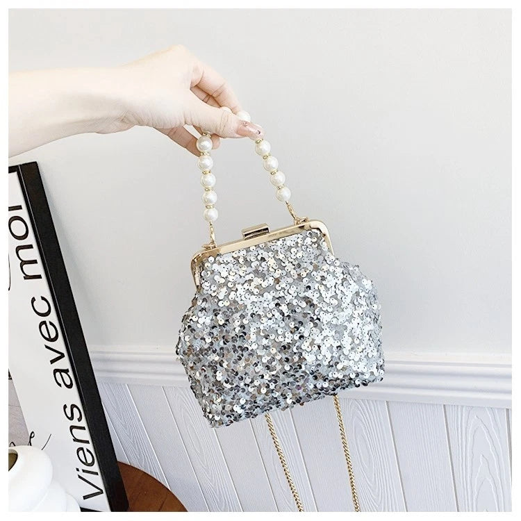Silver Sequin Evening Clutch Bag with Pearl Handle & Detachable Gold Chain Crossbody Purse 标题 2（长尾精准）