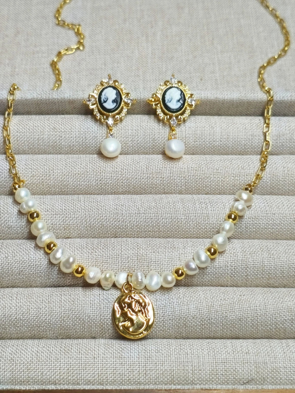 Vintage Cameo Portrait Pearl Jewelry Set, 14K Gold Plated Hypoallergenic Freshwater Pearl Necklace Dangle Earrings Women Formal Jewelry