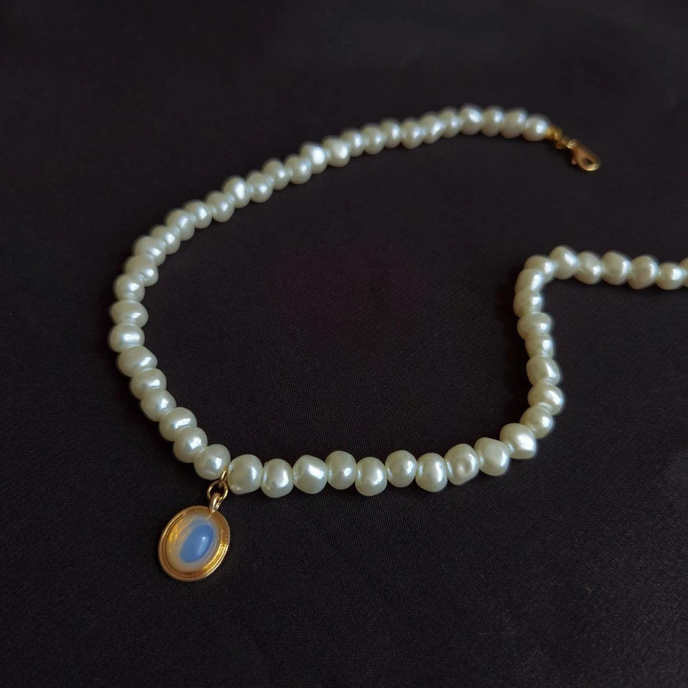 45cm Natural Baroque Freshwater Pearl Necklace, Removable Opal Pendant 14K Gold Plated Adjustable Chain Bridal Daily Jewelry