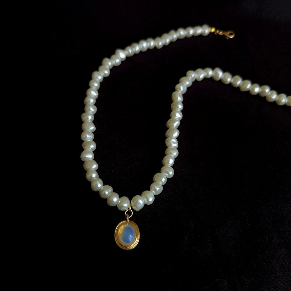 45cm Natural Baroque Freshwater Pearl Necklace, Removable Opal Pendant 14K Gold Plated Adjustable Chain Bridal Daily Jewelry
