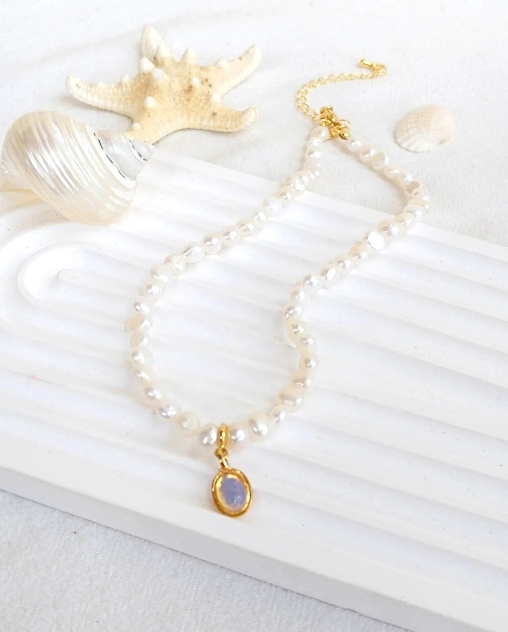 45cm Natural Baroque Freshwater Pearl Necklace, Removable Opal Pendant 14K Gold Plated Adjustable Chain Bridal Daily Jewelry