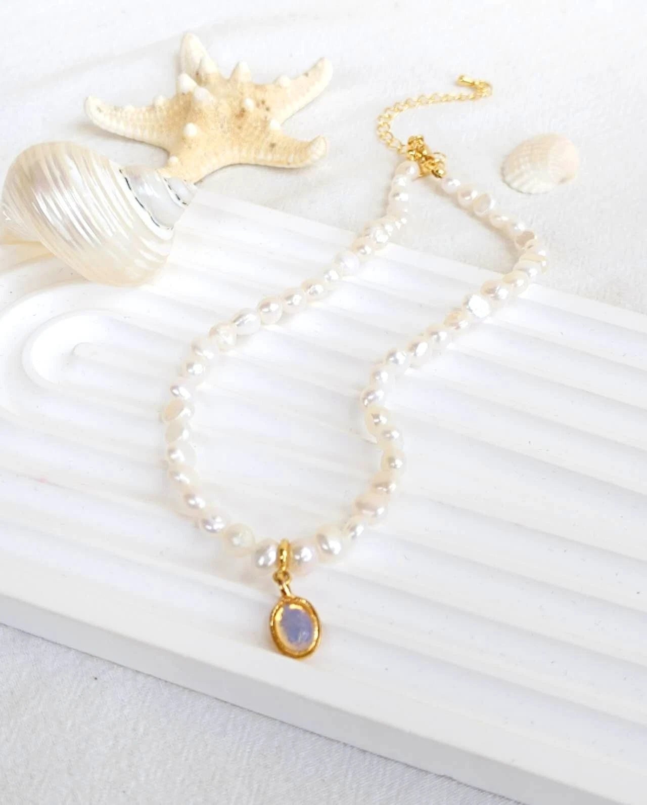 45cm Natural Baroque Freshwater Pearl Necklace, Removable Opal Pendant 14K Gold Plated Adjustable Chain Bridal Daily Jewelry