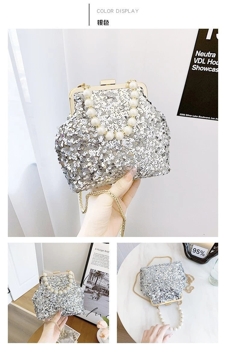 Silver Sequin Evening Clutch Bag with Pearl Handle & Detachable Gold Chain Crossbody Purse 标题 2（长尾精准）