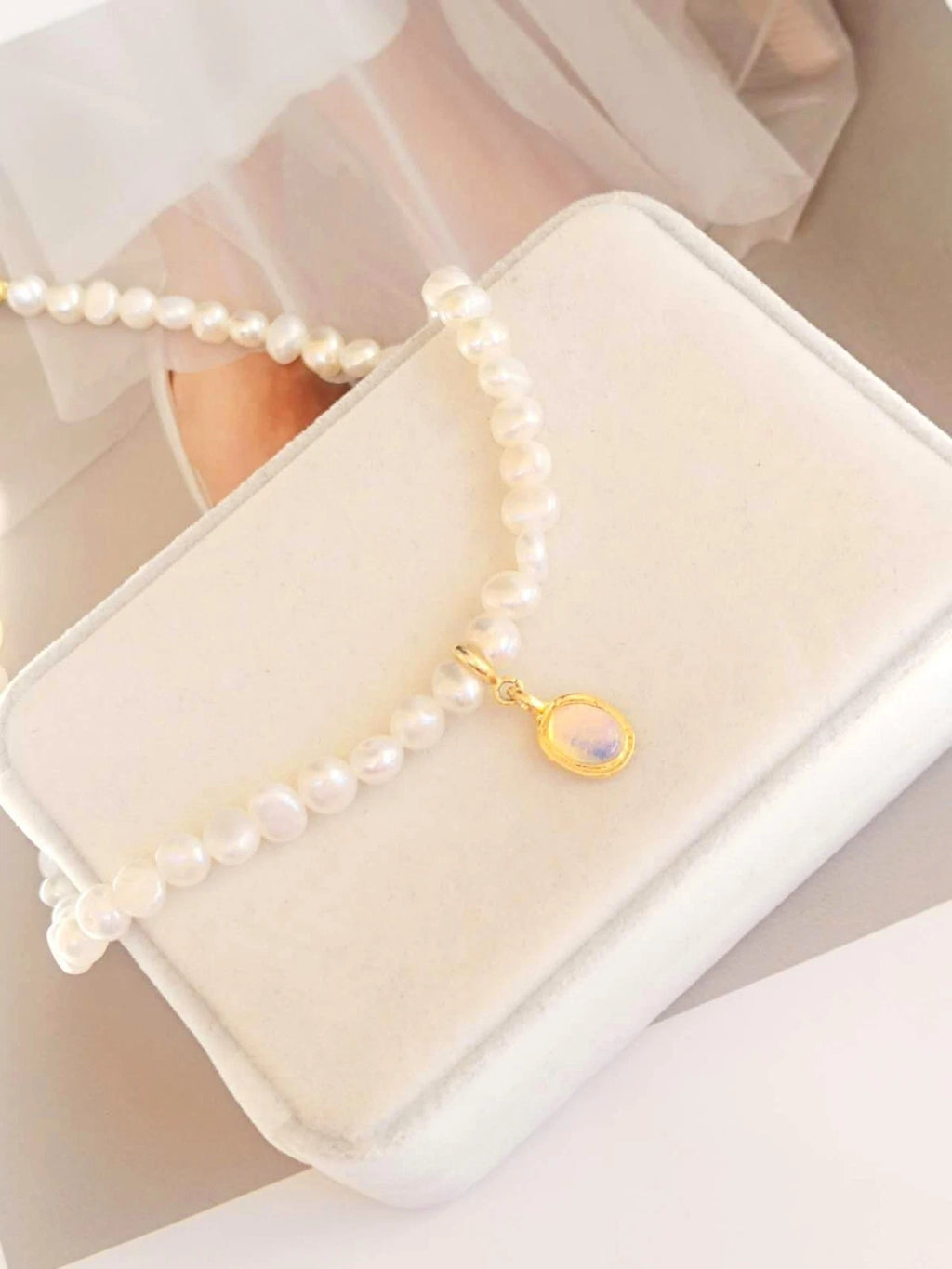 45cm Natural Baroque Freshwater Pearl Necklace, Removable Opal Pendant 14K Gold Plated Adjustable Chain Bridal Daily Jewelry