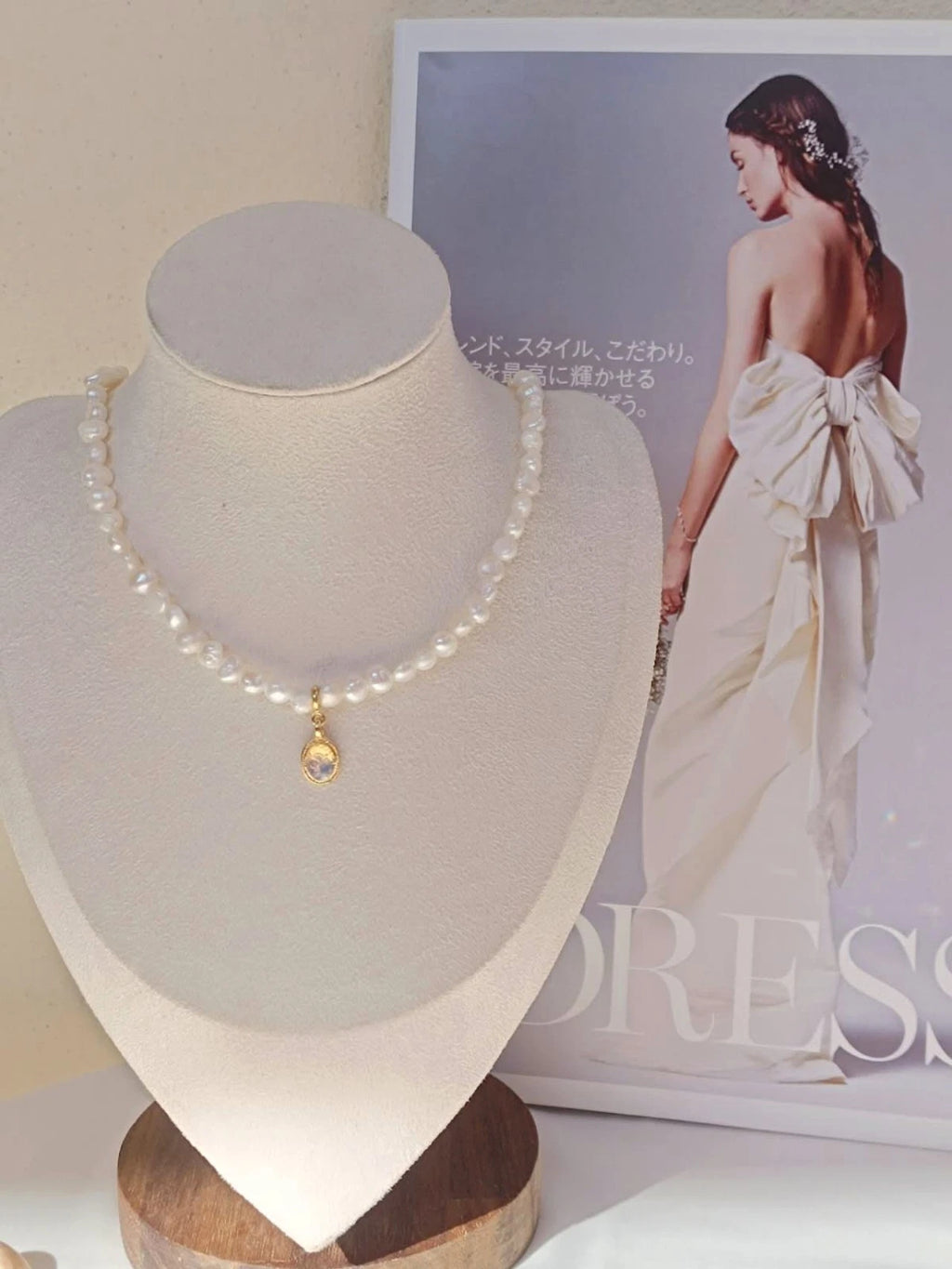 45cm Natural Baroque Freshwater Pearl Necklace, Removable Opal Pendant 14K Gold Plated Adjustable Chain Bridal Daily Jewelry