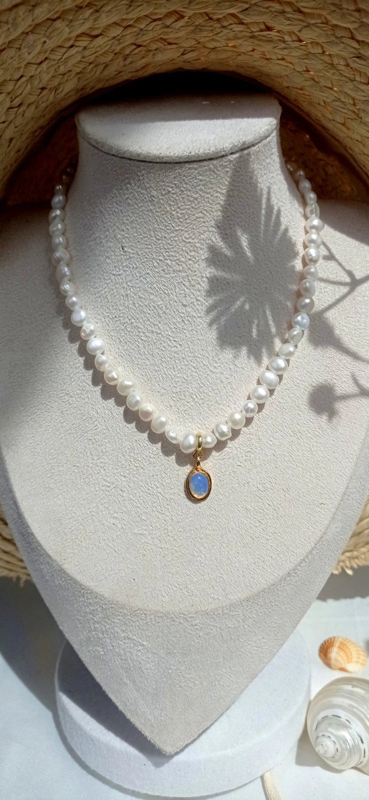 45cm Natural Baroque Freshwater Pearl Necklace, Removable Opal Pendant 14K Gold Plated Adjustable Chain Bridal Daily Jewelry