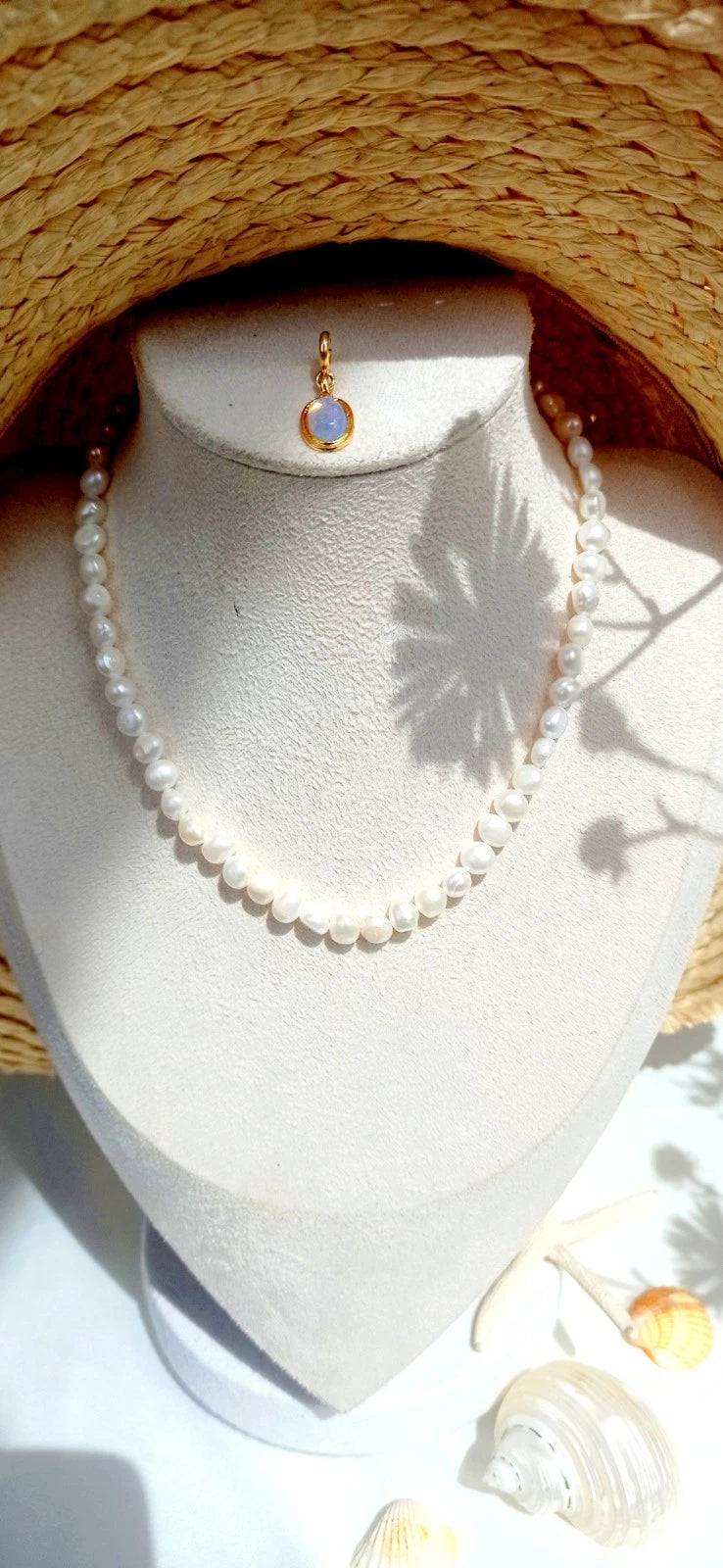 45cm Natural Baroque Freshwater Pearl Necklace, Removable Opal Pendant 14K Gold Plated Adjustable Chain Bridal Daily Jewelry