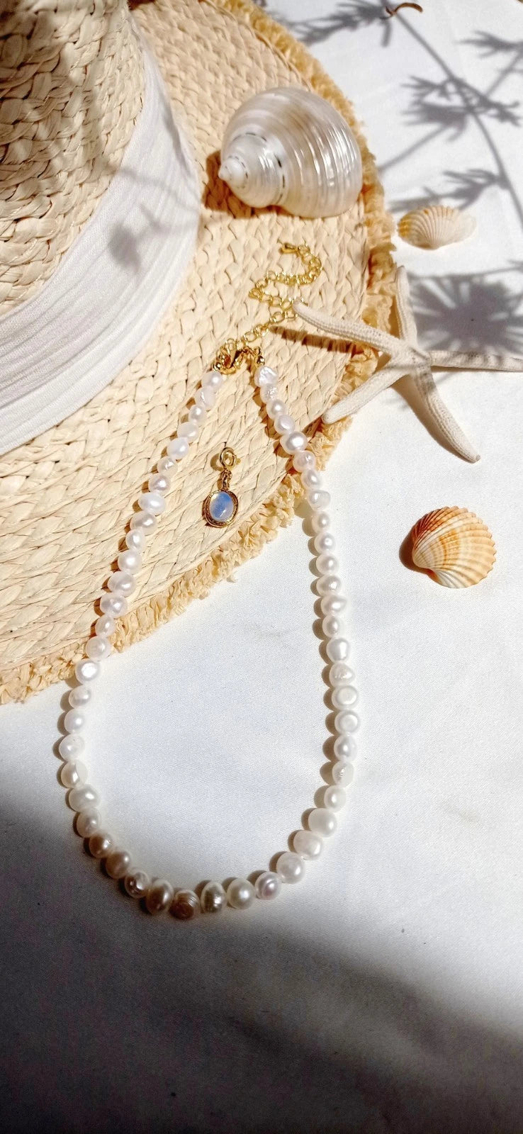 45cm Natural Baroque Freshwater Pearl Necklace, Removable Opal Pendant 14K Gold Plated Adjustable Chain Bridal Daily Jewelry