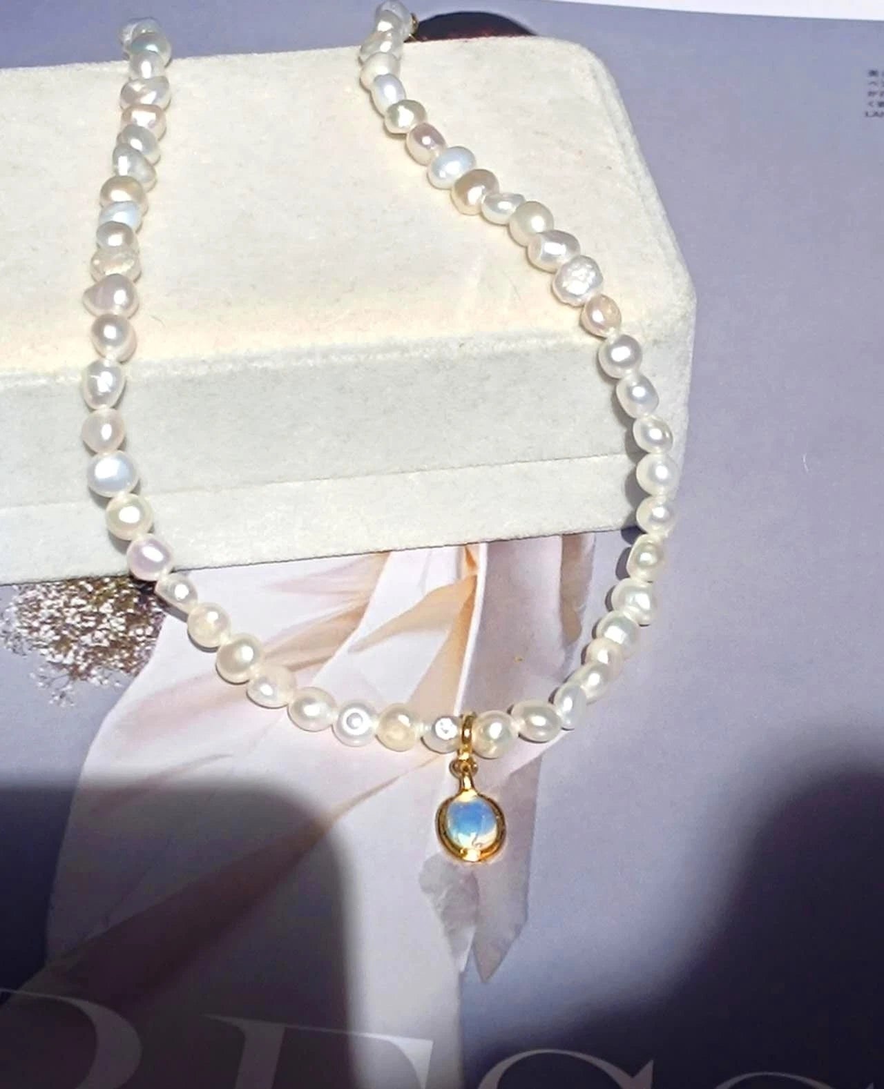 45cm Natural Baroque Freshwater Pearl Necklace, Removable Opal Pendant 14K Gold Plated Adjustable Chain Bridal Daily Jewelry